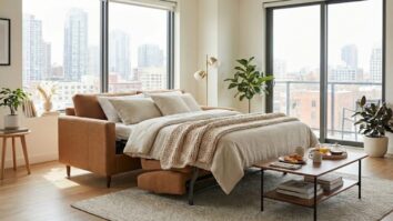 Um sofá-cama de tom terroso totalmente aberto como cama de casal, arrumado com lençóis de linho e uma manta de tricô volumosa, em uma sala ensolarada com janelas grandes e vista para a cidade.