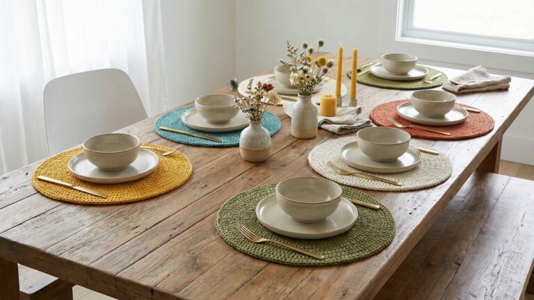 Mesa posta com sousplats artesanais de crochê em cores vibrantes e alegres servindo de moldura para loucas neutras
