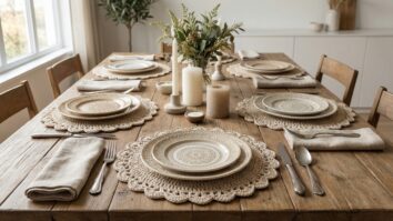 Mesa de jantar com sousplats de crochê em tons neutros e louça estampada