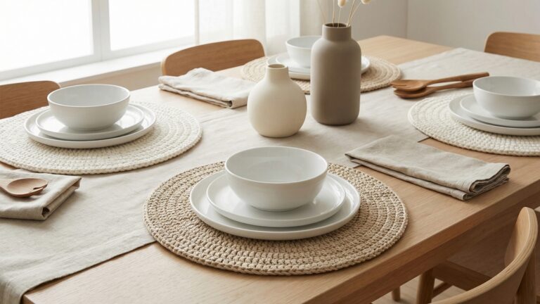 Mesa posta com sousplats de croche off-white sob louca branca minimalista em sala de jantar contemporanea