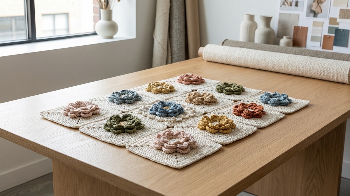 Ambiente contemporâneo criativo de sala de estar moderna ou estúdio artesanal sofisticado, apresentando squares de crochê artesanais finalizados organizados como composição protagonista para moda e decoração 2026