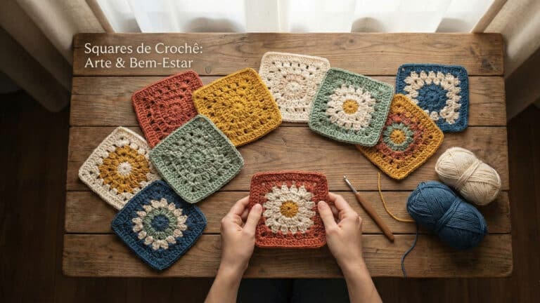 Par de mãos segurando um quadrado de crochê (granny square) na cor terracota com uma margarida branca e amarela no centro. Vários outros quadrados de crochê em cores variadas como azul, verde sálvia, mostarda e creme estão dispostos em um semicírculo sobre uma mesa de madeira rústica. Dois novelos de fio (um azul, um creme) e uma agulha de crochê de madeira estão ao lado.