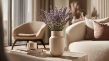 Lavanda complementando a decoração de uma sala e aromatizando o ambiente