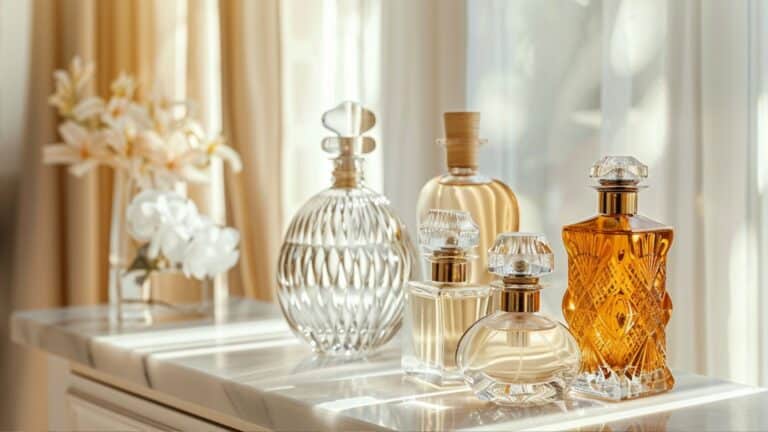 Frascos de perfume dispostos sobre uma mesa