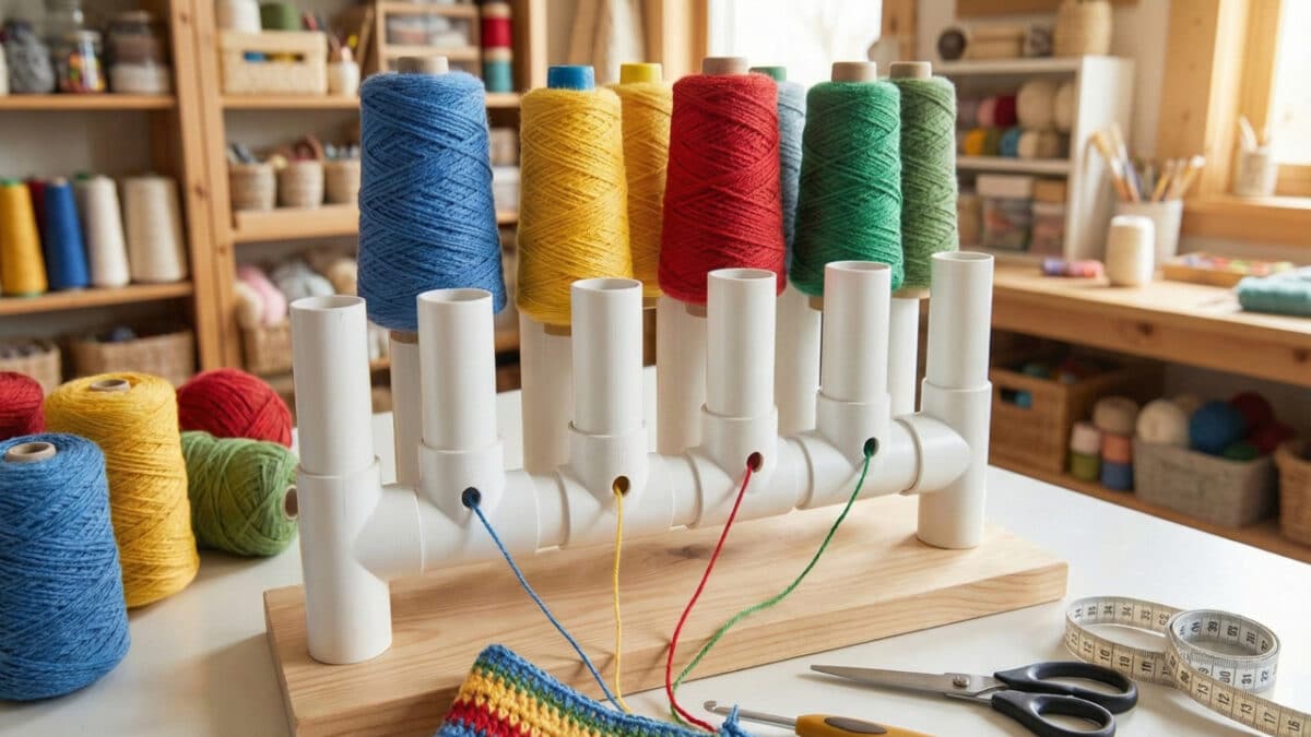Suporte para fios de crochê feito de cano PVC reutilizado