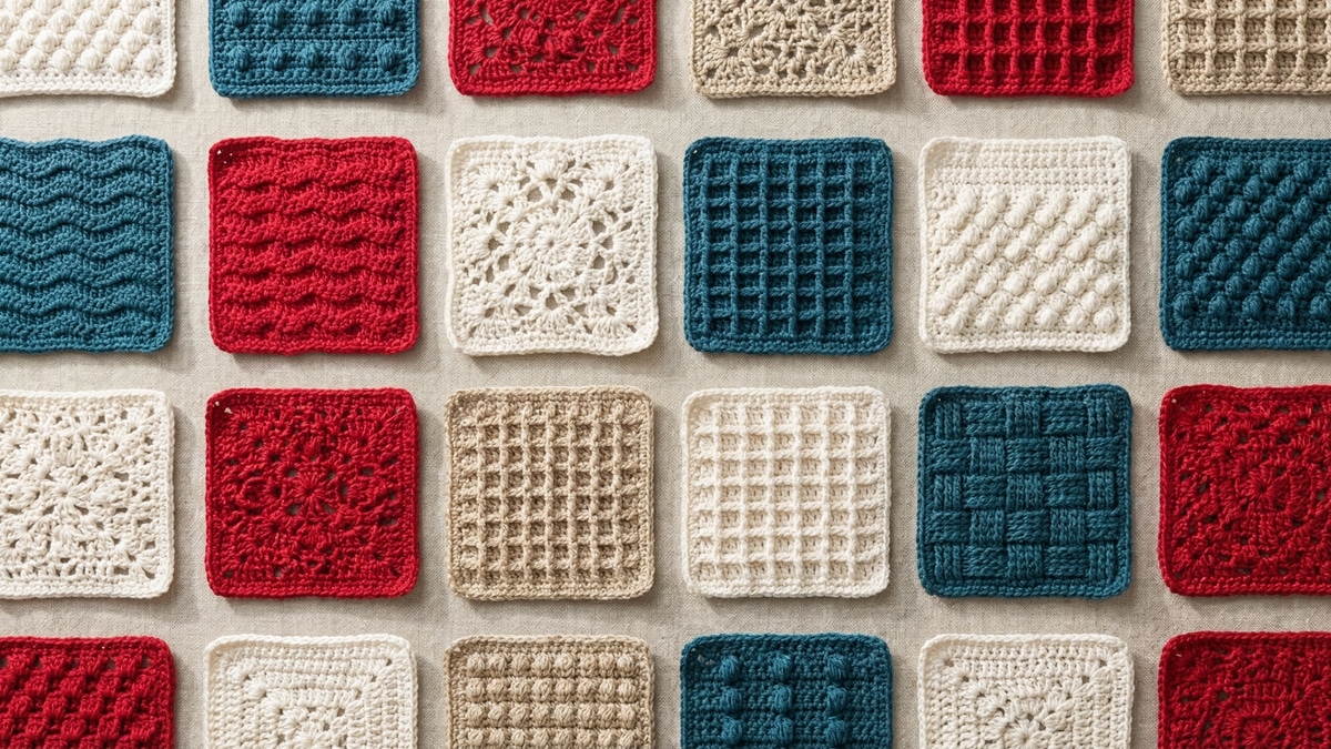 Swatches de crochê com cores tendência 2026 (off-white, azul-esverdeado, vermelho e lurex dourado) sobre superfície de linho claro, destacando texturas e padrões variados, iluminados por luz natural.