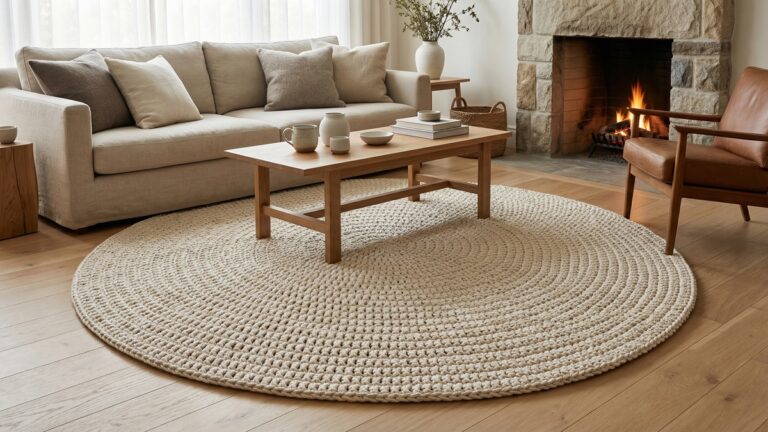 Tapete artesanal de crochê em bege/off-white sobre piso de madeira clara em sala de estar aconchegante com sofá neutro e elementos decorativos naturais.
