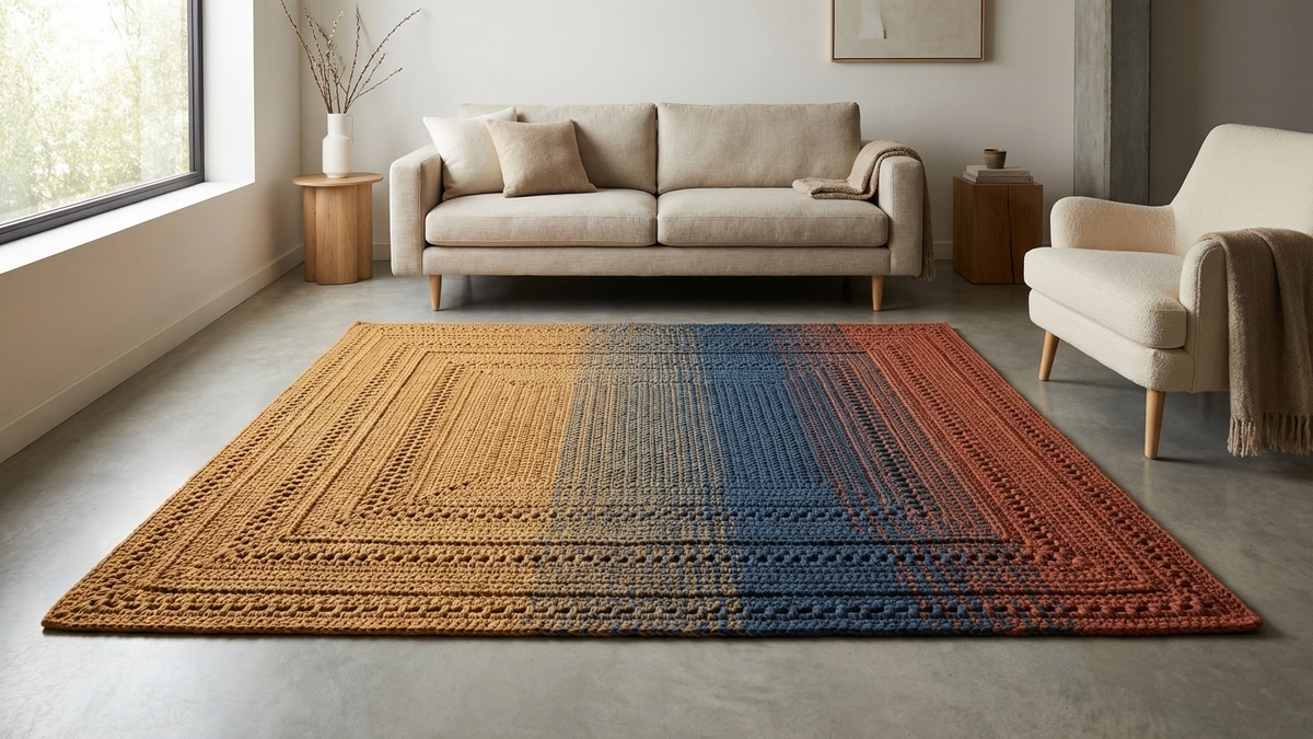 Sala de estar com tapete de crochê colorido artesanal no centro do ambiente