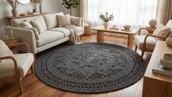 Tapete grande de crochê em formato mandala cinza chumbo com design vazado sob sofá claro em sala contemporânea