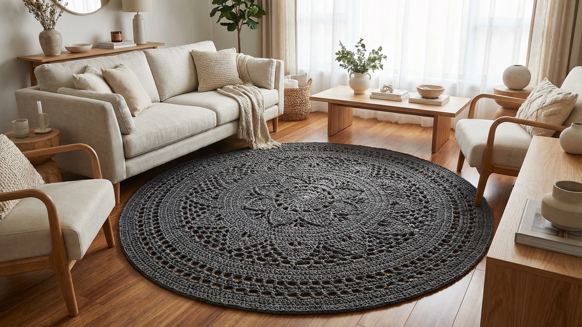 Tapete grande de crochê em formato mandala cinza chumbo com design vazado sob sofá claro em sala contemporânea