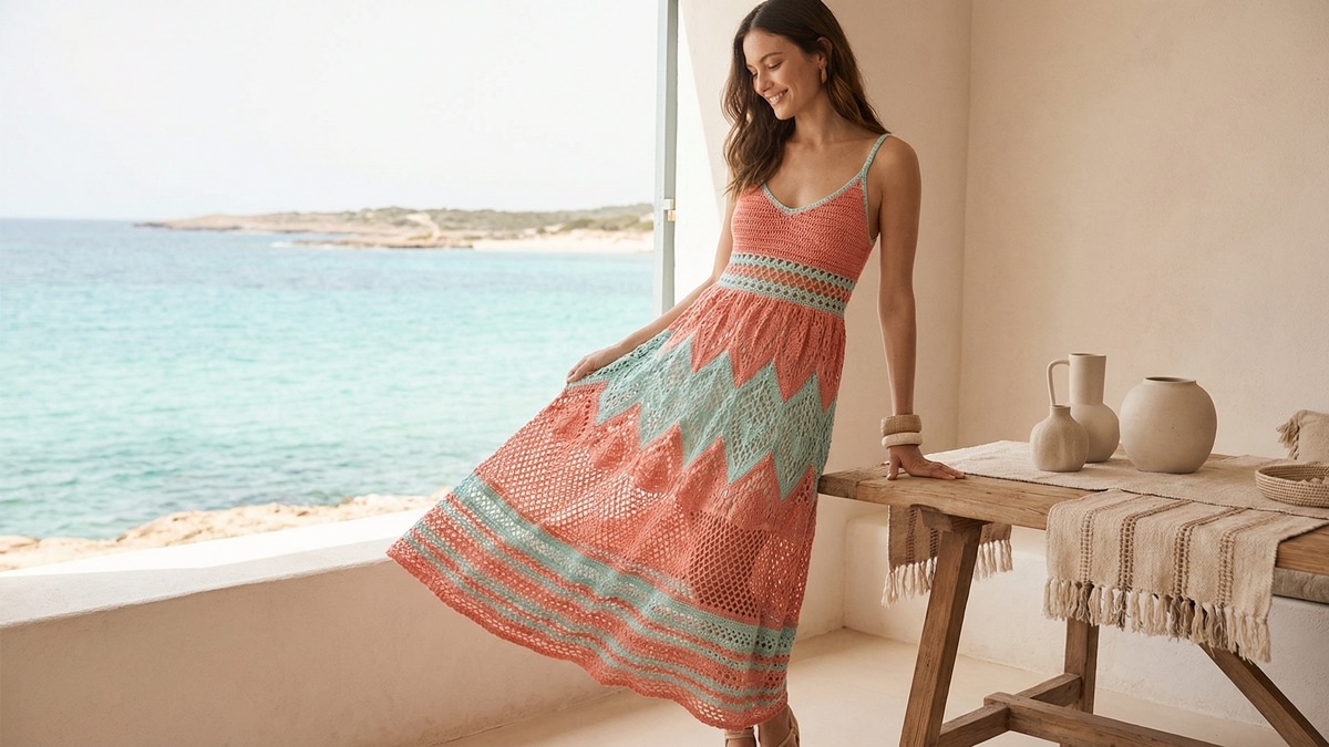 Terraço à beira-mar no verão com mulher sorrindo usando vestido longo de crochê em tons vibrantes de verão (coral e turquesa suave).