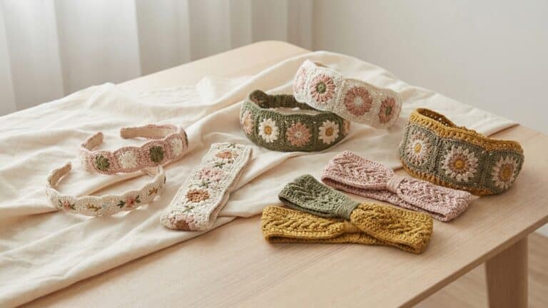 Conjunto de tiaras de croche artesanais em tons variados sobre tecido cru e madeira clara em ambiente fashion delicado