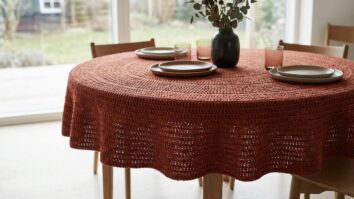 Toalha de crochê redonda em tom terracota sobre mesa de madeira natural, com padrão intrincado e acabamento impecável, iluminada por luz natural difusa.