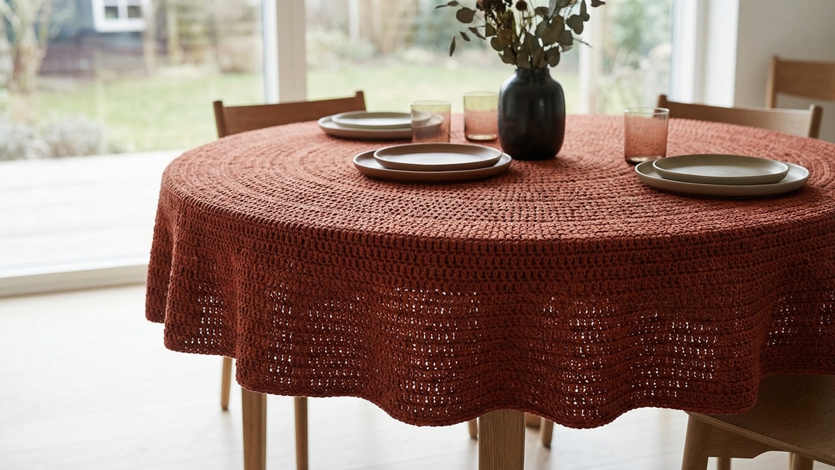Toalha de crochê redonda em tom terracota sobre mesa de madeira natural, com padrão intrincado e acabamento impecável, iluminada por luz natural difusa.