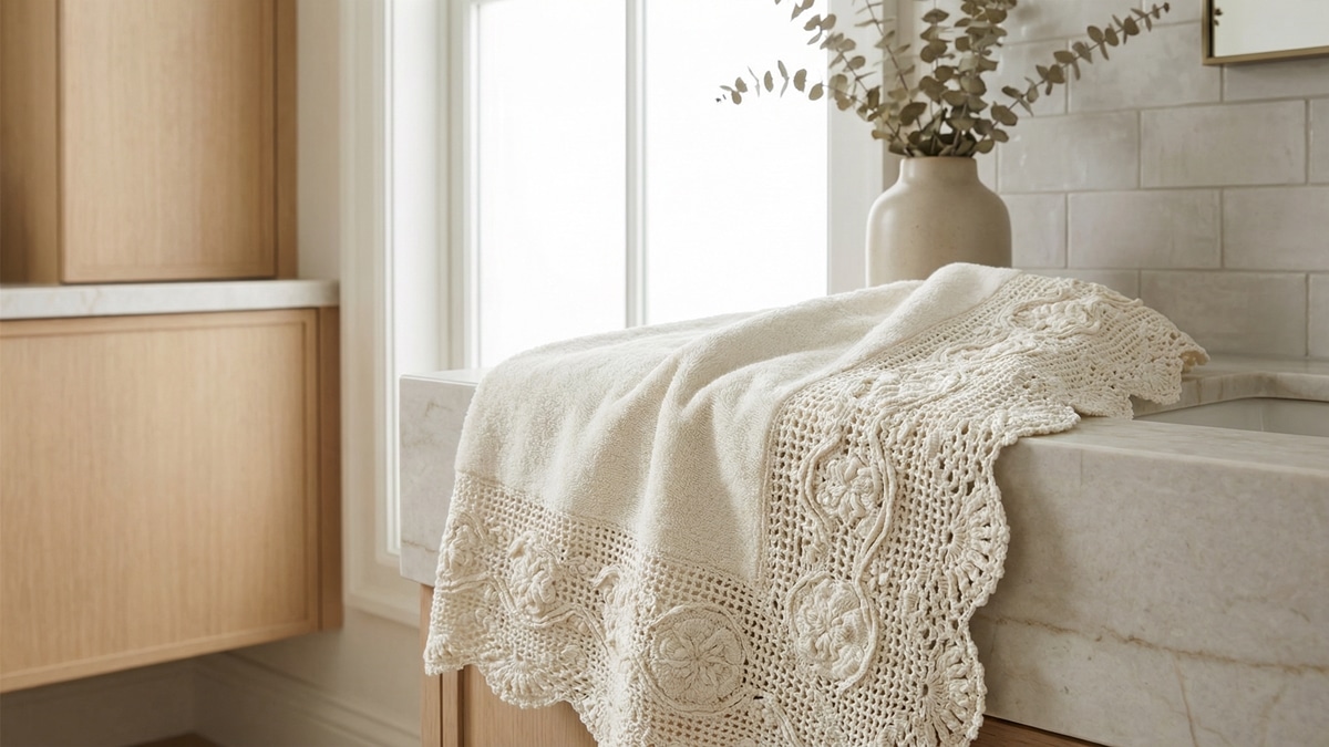 Banheiro ou lavanderia sofisticada com toalha de banho premium finalizada com barrado de crochê de luxo em algodão mercerizado off-white com leve brilho acetinado, barrado largo e ricamente trabalhado com pontos rendados complexos
