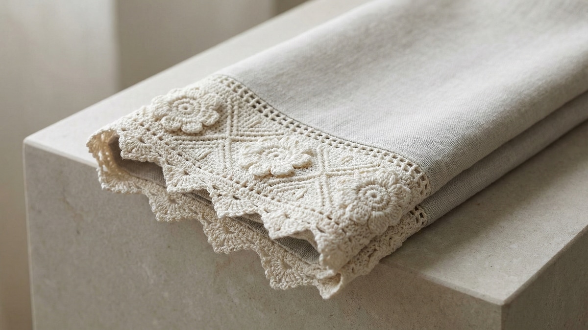 Toalha de linho com barrado de crochê floral em alto relevo sobre superfície neutra elegante