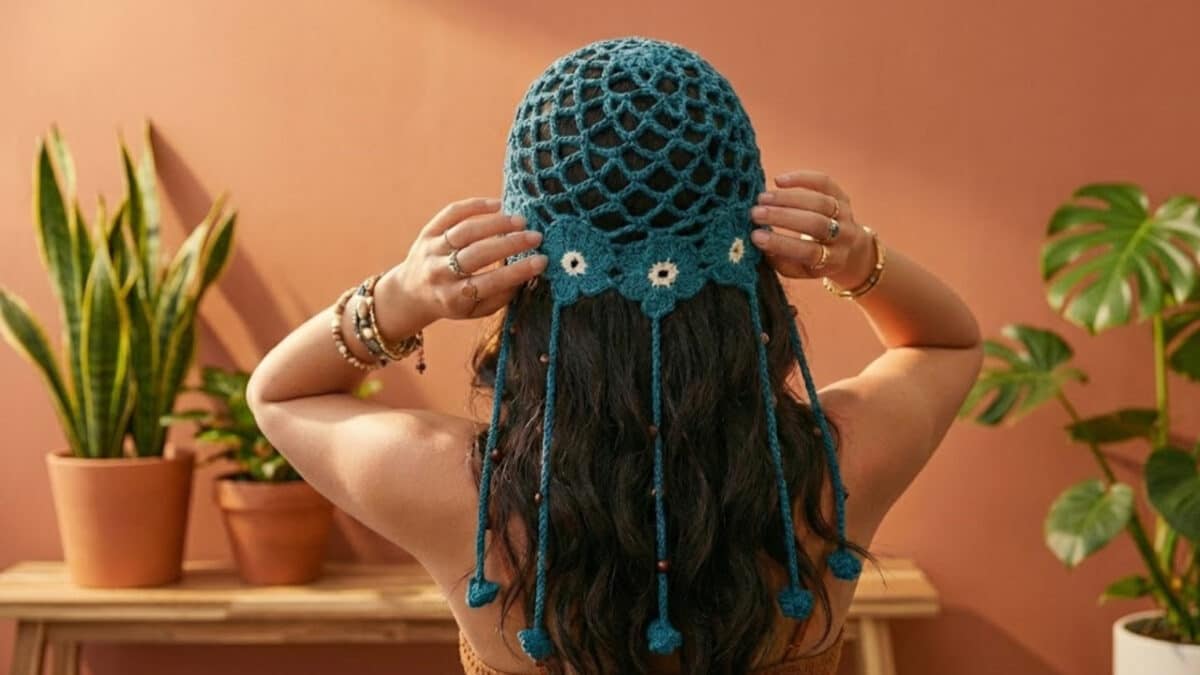 Mulher de costas com chapéu de crochê azul-petróleo e franjas longas, tocando sua borda. O chapéu tem padrão de grade e pequenas flores na borda. Ela usa pulseiras e anéis. Plantas em vasos e uma parede terracota estão ao fundo.