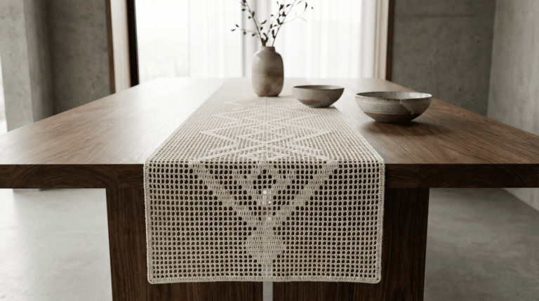 Trilho de mesa moderno com o “ponto rede” em um crochê geométrico decorativo