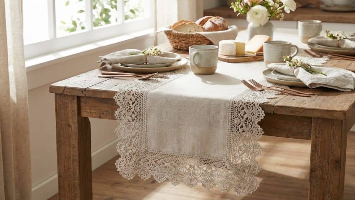 Mesa posta elegante em estilo gourmet com destaque para um trilho de mesa de linho bege adornado com um barrado de crochê rendado e fino. Sobre a mesa de madeira rústica, há louças de cerâmica, talheres de cobre, pães artesanais e um arranjo de flores naturais sob iluminação suave.