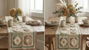 Trilho de mesa em crochê com squares florais