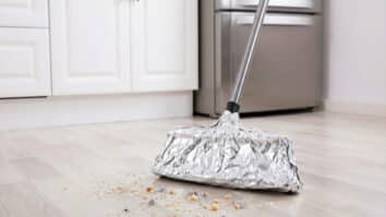 Vassoura com papel alumínio envolto