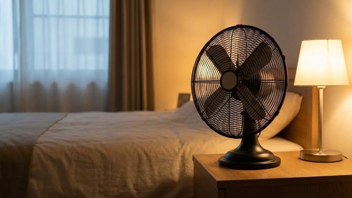 Um ventilador de mesa preto estilo retrô está ligado sobre um criado-mudo de madeira, ao lado de uma cama de casal em um quarto com iluminação suave e quente proveniente de um abajur próximo. Uma janela com cortinas translúcidas está ao fundo.