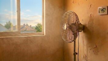 Ventilador de metal antigo em um quarto com paredes descascadas e tons alaranjados. Na parede, um termômetro digital registra a temperatura de 45 °C. Ao fundo, uma janela aberta mostra o telhado de casas vizinhas sob um céu claro de fim de tarde.