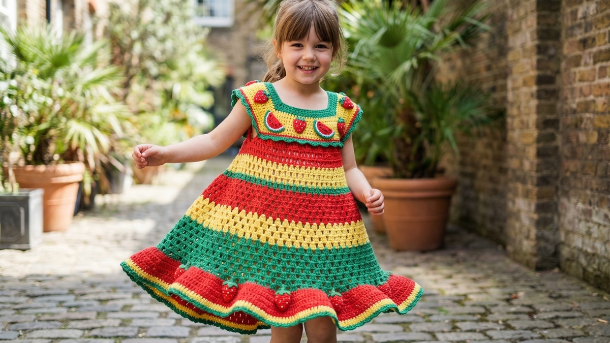 Menina sorrindo usando vestido infantil de crochê com tema frutinhas tropicais em ambiente de verão