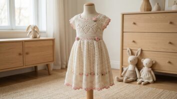 Vestido infantil de crochê artesanal em algodão off-white com detalhes rosa pastel, exposto em manequim infantil em quarto minimalista com luz natural suave.