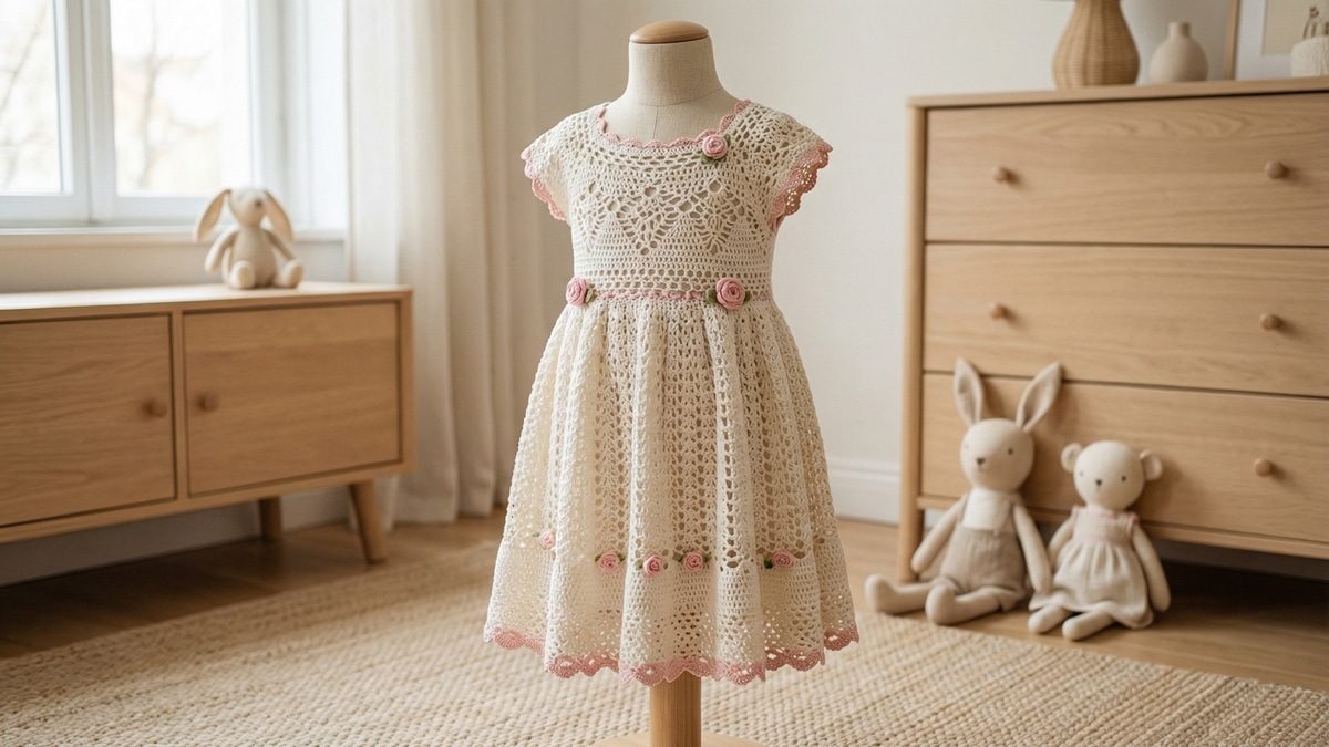 Vestido infantil de crochê artesanal em algodão off-white com detalhes rosa pastel, exposto em manequim infantil em quarto minimalista com luz natural suave.