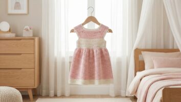 Vestido de croche infantil em rosa claro, estilo classico delicado e atemporal