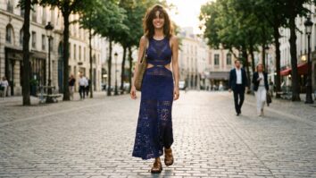 Mulher sorrindo usando vestido longo de crochê escuro com recortes na cintura em cenário urbano boho sofisticado