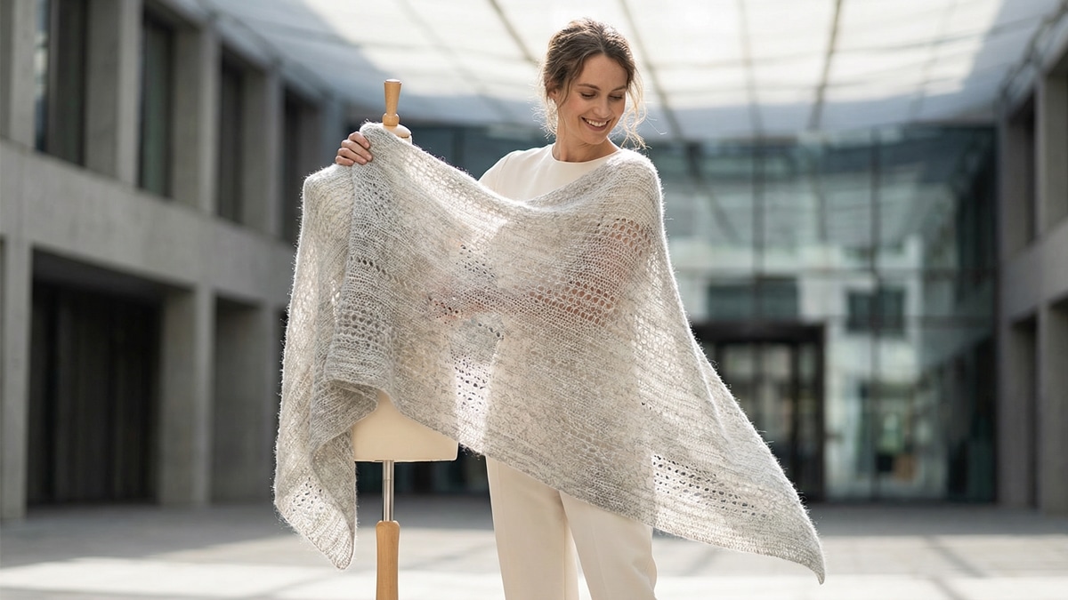 Mulher sorrindo usando xale de crochê em mohair e seda em ambiente urbano elegante