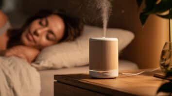 Mulher dormindo ao lado de um difusor de óleos essenciais, um dos métodos mais utilizados para combater a insônia de forma natural