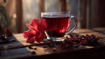 Ao centro uma xicara de chá com flor de hibisco ao lado
