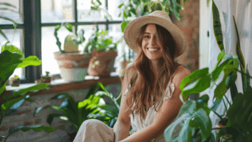 Mulher rodeada por plantas