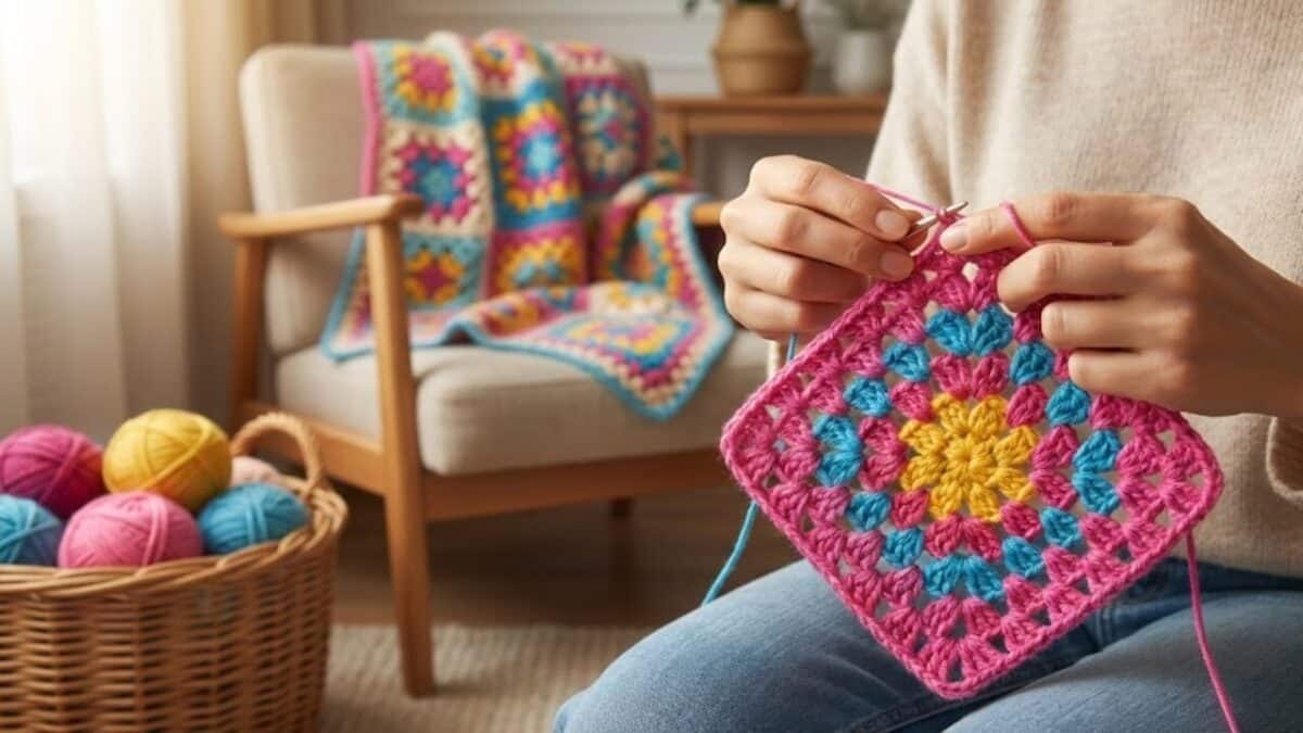 Mãos fazendo um square de crochê (quadradinho da vovó) com fios rosa, azul e amarelo, em um ambiente iluminado com uma cesta de barbantes e manta artesanal ao fundo.