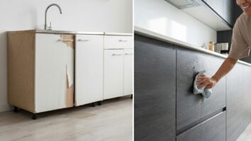 À esquerda, um móvel de MDF branco estufado e danificado pela umidade, à direita, um armário moderno com textura de madeira escura sendo limpo, demonstrando total resistência à água e durabilidade.