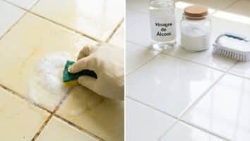 Antes e depois da limpeza de piso branco amarelado com mistura de vinagre de álcool e bicarbonato de sódio. À esquerda, detalhe de mão com luva esfregando espuma em cerâmica encardida. À direita, resultado final com piso brilhante ao lado de garrafa de vinagre e pote de bicarbonato.