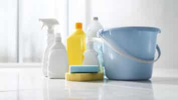 Imagem com produtos de limpeza ao lado de um balde