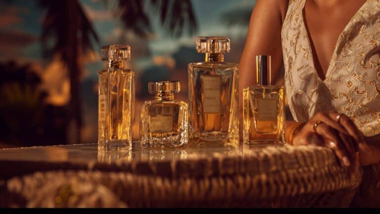 Quatro frascos de perfumes genéricos e distintos sobre uma mesa
