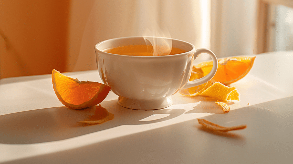 Xicara com chá de casca de laranja, e gomos e cascas de laranja em volta