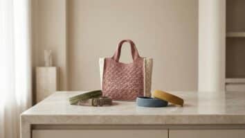 Bancada de marmore claro com conjunto de acessorios de croche moderno incluindo bolsa estruturada, cinto e tiara em cores charmosas