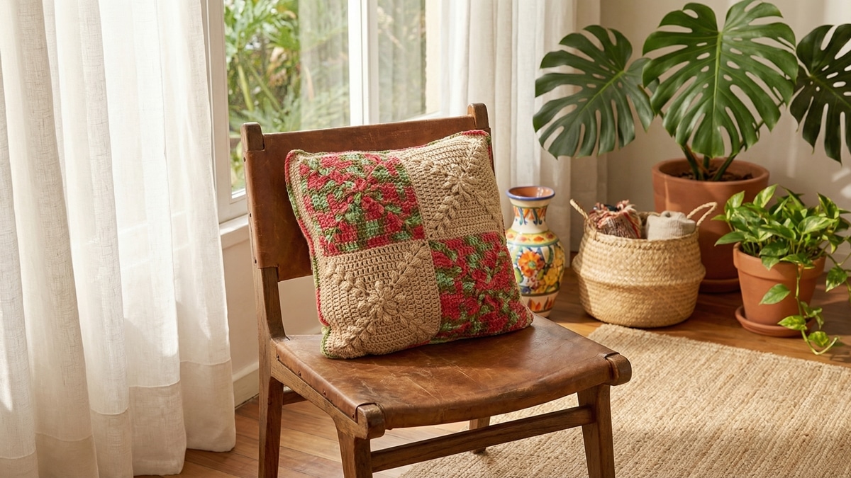Almofada artesanal de croche cerejeira com blocos em vermelho verde e bege posicionada em ambiente de decoracao brasileira com moveis rusticos plantas tropicais e elementos naturais