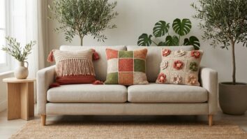 Sala de estar contemporanea com conjunto de almofadas de croche artesanal em tons bege terracota e verde oliva sobre sofa neutro com plantas e decoracao natural