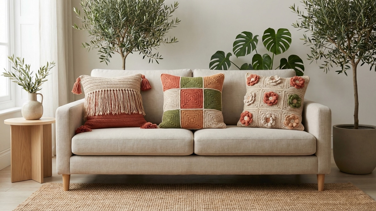 Sala de estar contemporanea com conjunto de almofadas de croche artesanal em tons bege terracota e verde oliva sobre sofa neutro com plantas e decoracao natural