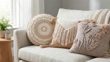 Sala de estar escandinava com tres tipos de almofadas de croche artesanal: redonda com mandala, com franjas e com relevos botanicos sobre sofa de linho claro