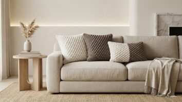 Sala de estar sofisticada com almofadas de croche luxuosas em off-white e fendi sobre sofa neutro com iluminacao suave e decoracao elegante