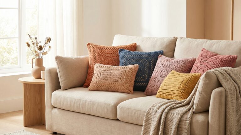 Sala de estar aconchegante com sofa bege decorado com almofadas de croche artesanal em tons vibrantes e manta neutra com luz natural