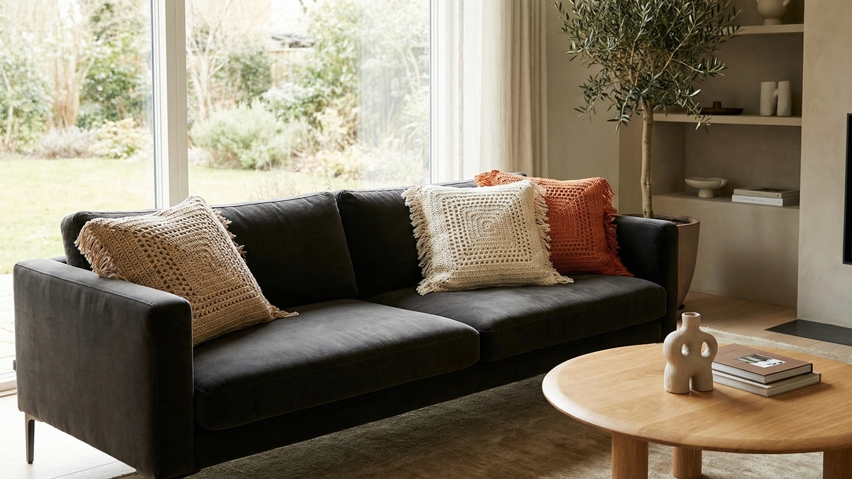 Almofadas de croche artesanal em tons fendi, cru e terracota sobre sofa escuro em sala de estar sofisticada com luz natural e mesa de centro de madeira